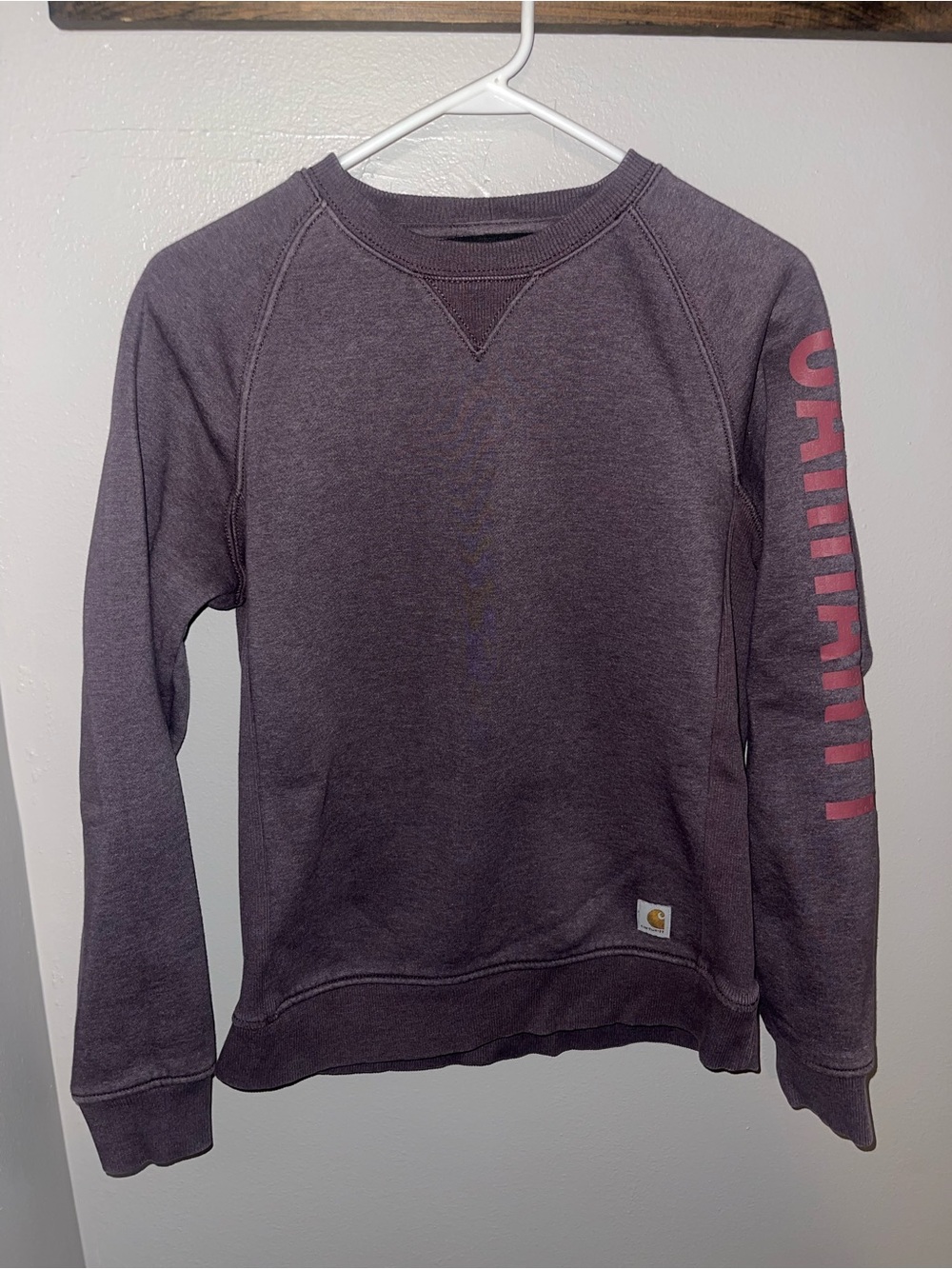 Carhartt Women’s Crewneck Sweatshirt in Plum with Pink Sleeve Logo